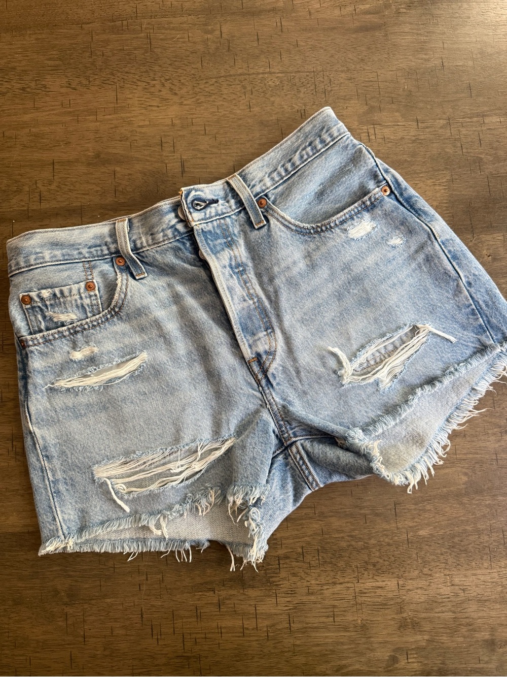 Levi's Light Blue Distressed High-Rise Denim Shorts